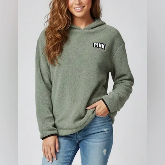 PINK Victoria's Secret Olive Green Fleece Pulls Hoodie Size Medium - Picture 1 of 11